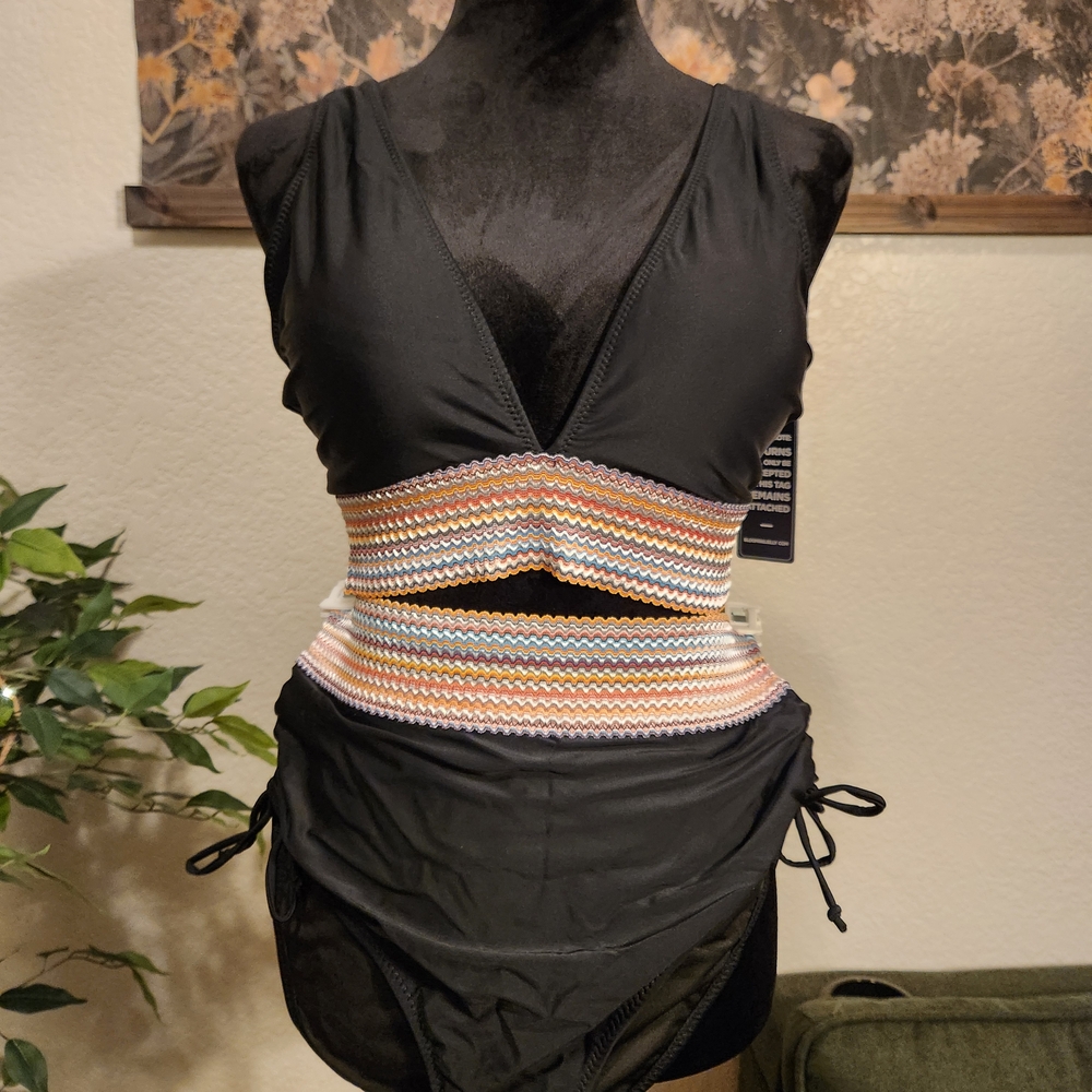 Black Swimsuit with Colorful Waistband